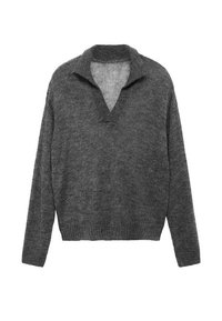 Pull en tricot gris avec un col en V et un ourlet côtelé. Opte pour une coupe décontractée et des manches longues, fabriqué à partir d'un matériau texturé doux.