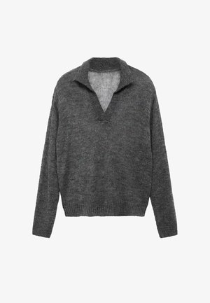 Grau gestrickter Pullover mit V-Ausschnitt und geripptem Saum. Besitzt eine lockere Passform und lange Ärmel, hergestellt aus weichem, strukturiertem Material.