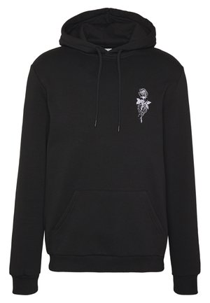 Black hoodie with a front pocket, drawstring hood, and white rose embroidery on the left chest. Textured fabric with ribbed cuffs and hem.