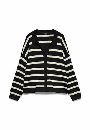 Cardigan a righe nero e crema con colletto, maniche lunghe e chiusura frontale a bottoni. Il tessuto sembra morbido e leggero.