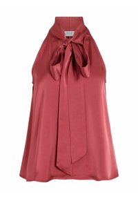 Bezručni halter top u prahu ružičastom satenu s centralnom mašnom i bočnim prorezima. Ima visoki ovratnik i lepršavi dizajn.