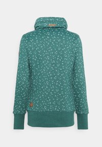 Felpa teal con un design a motivo floreale bianco, caratterizzata da un colletto alto e polsini a coste, realizzata in un tessuto morbido.