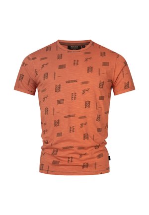 Short-sleeve t-shirt in rust orange cotton featuring a black geometric pattern, crew neck, and a slim fit design.