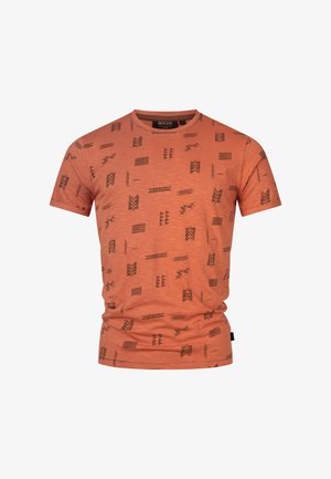 Korte mouwen t-shirt in roestoranje katoen met een zwart geometrisch patroon, ronde hals en een slim fit ontwerp.