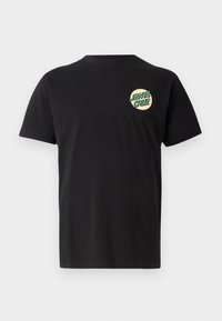 Black cotton t-shirt with short sleeves, featuring a circular graphic design in green and yellow with the text "SANTA CRUZ" on the left chest.