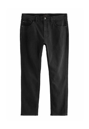 Jeans negre din denim, cu cinci buzunare, închidere cu buton și fermoar, picioare drepte și o textură netedă. Fără logo-uri sau modele vizibile.