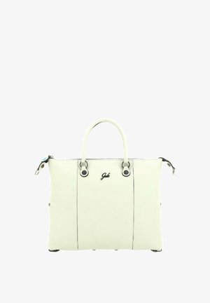 Borsa tote in pelle bianca con doppi manici superiori, hardware in tonalità argento e logo sul davanti. Presenta cuciture decorative e una chiusura con zip.