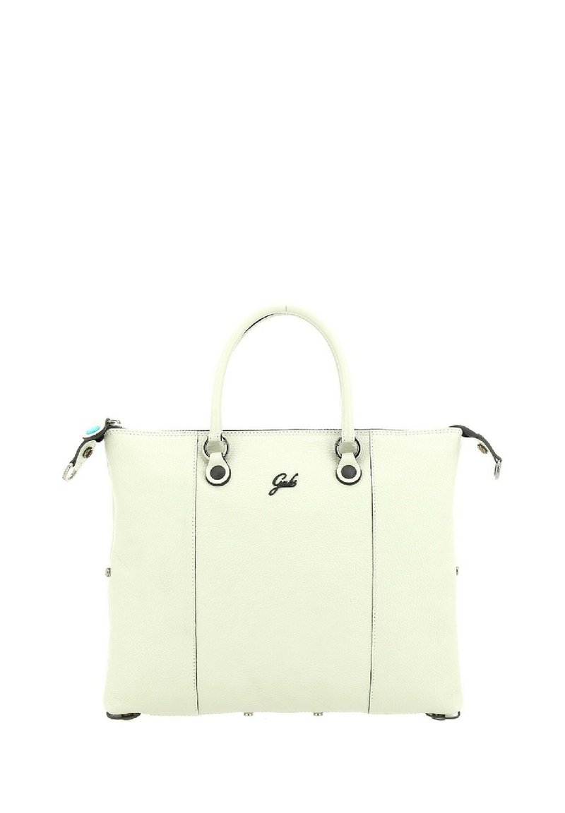 Borsa tote in pelle bianca con doppi manici superiori, hardware in tonalità argento e logo sul davanti. Presenta cuciture decorative e una chiusura con zip.