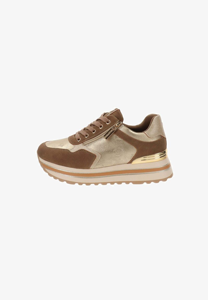 Zapatillas marrones y doradas con parte superior de ante, acentos metálicos, suela acolchada y un diseño texturizado con cordones y cremallera lateral.