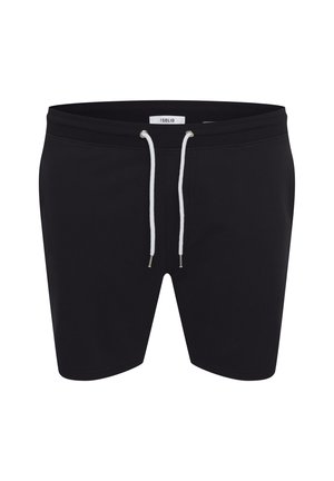 Schwarze Baumwollshorts mit einem elastischen Bund und weißem Kordelzug. Sie verfügen über ein sauberes Design, eine glatte Textur und keine sichtbaren Muster.