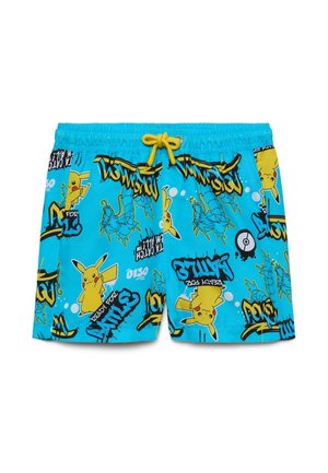 Jasnoniebieskie dziecięce spodenki kąpielowe z żółtym sznurkiem, ozdobione postaciami Pikachu i Gyaradosa, Poké Ballami oraz napisem w stylu graffiti.