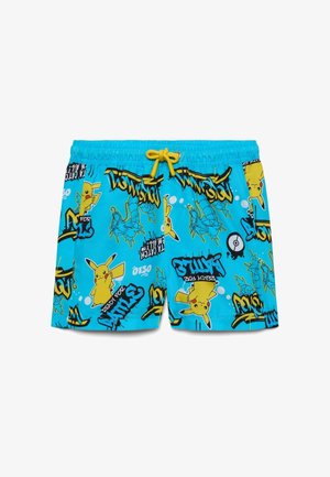 Pantaloncini da nuoto per bambini di un brillante blu con coulisse gialla, decorati con i personaggi Pikachu e Gyarados, Poké Ball e testo in stile graffiti.