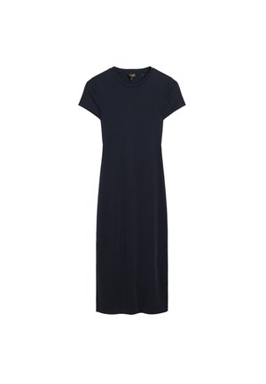 Vestito midi nero tinta unita da donna, a maniche corte, con scollo tondo e taglio dritto, mostrato su sfondo bianco.