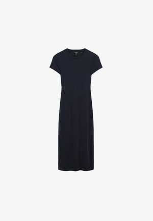 Vestito midi nero tinta unita da donna, a maniche corte, con scollo tondo e taglio dritto, mostrato su sfondo bianco.