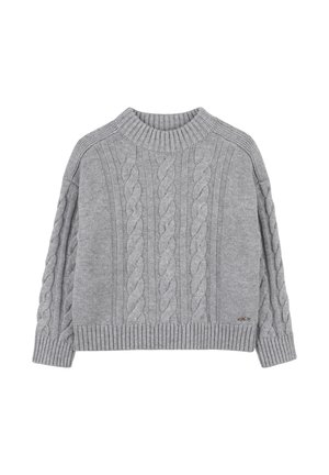Pull en tricot gris avec un col montant en côtes. Présente une texture en maille torsadée et des poignets et un ourlet côtelés. Coupe décontractée et ample.