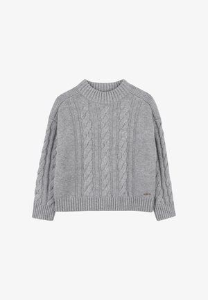 Maglione grigio lavorato a maglia con un alto colletto a coste. Presenta una texture a trecce e polsini e orlo a coste. Vestibilità casual e rilassata.
