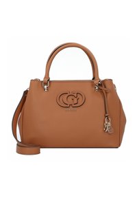 Borsa a tracolla in pelle marrone con forma strutturata, logo impresso e dettagli metallici. Include manici corti e una tracolla removibile.