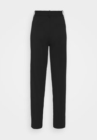Zwarte broek met een gladde textuur, rechte pijpen, elastische tailleband en twee achterzakken. Eenvoudige en veelzijdige stijl.