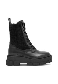 Bocanci negri până la gleznă, cu vârf și talpă din piele, material fuzzy negru pe partea superioară, cu o talpă groasă, texturată și un design cu șiret.