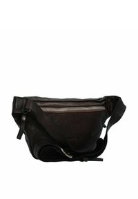 Bolso cruzado de cuero marrón con un bolsillo con cremallera; presenta una superficie texturizada y correa ajustable; diseño compacto y curvado.