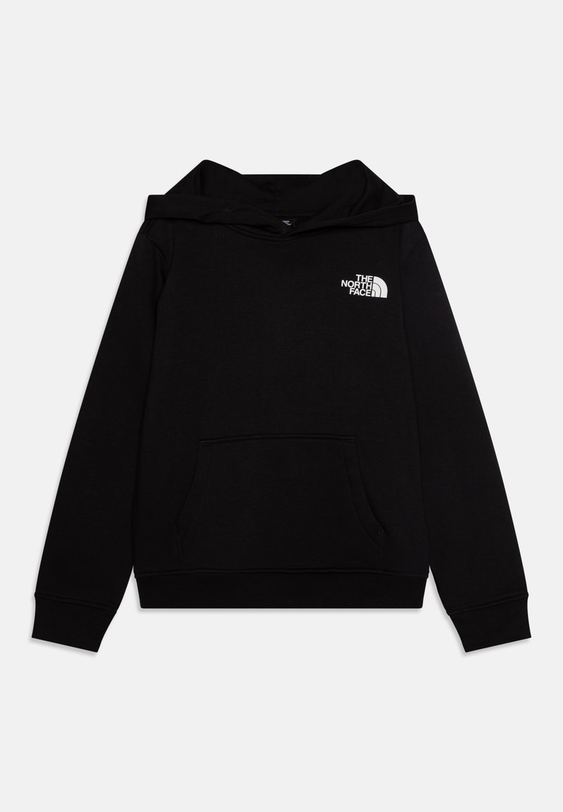Sweatshirt preto com capuz, feito de uma mistura de algodão suave, apresenta um bolso canguru e um logotipo branco no lado esquerdo do peito. Punhos e bainha canelados.