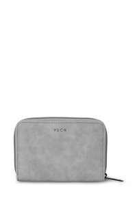 Gray zippered wallet made of textured faux leather, featuring the brand name "VUCH" printed on the front, with a smooth finish.