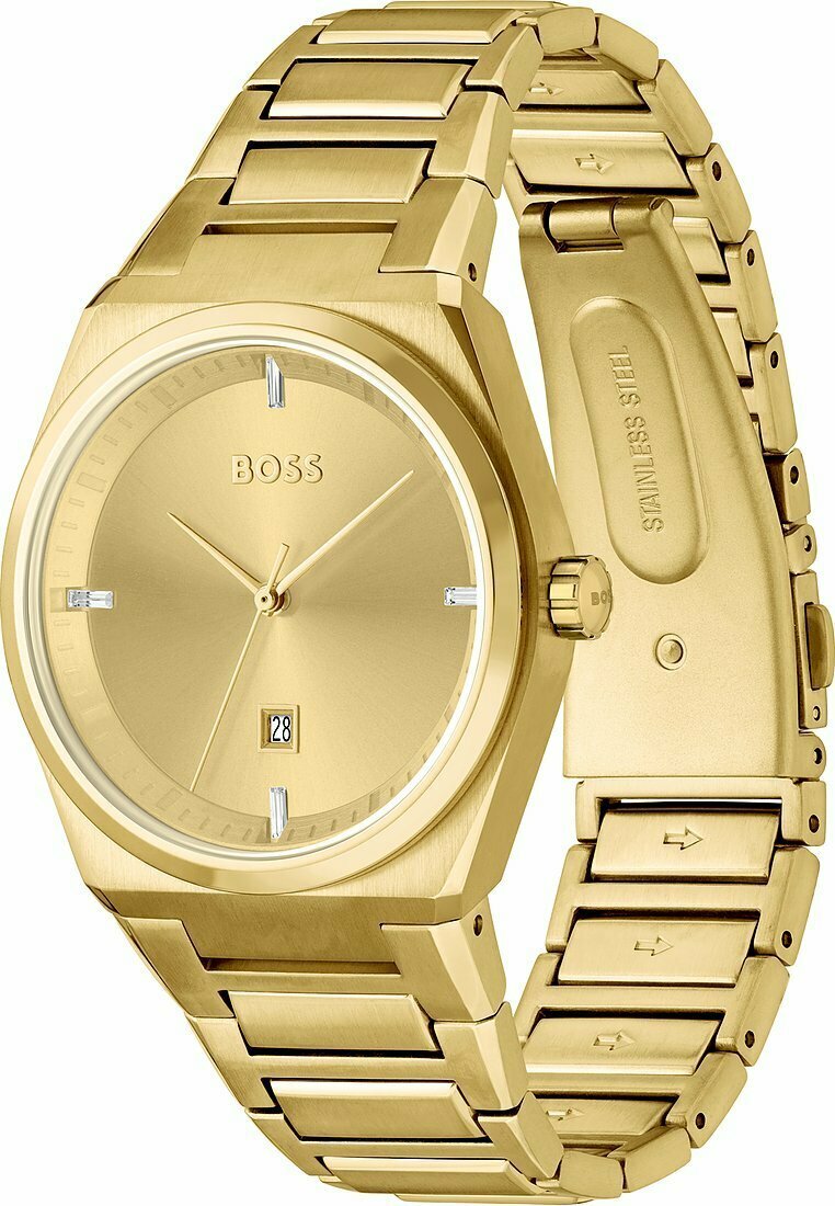 Reloj de acero inoxidable dorado con una esfera cuadrada, diseño minimalista y display de fecha a las 6 en punto. Presenta una pulsera de eslabones.