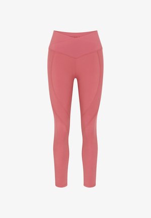 Różowe legginsy sportowe z wysokim stanem, wykonane z gładkiego, elastycznego materiału, z panelami biegnącymi wzdłuż nóg.