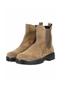 Botas Chelsea de ante marrón con paneles elásticos laterales, punta redonda y suela negra resistente con dibujos. Presentan detalles cosidos y tiradores.