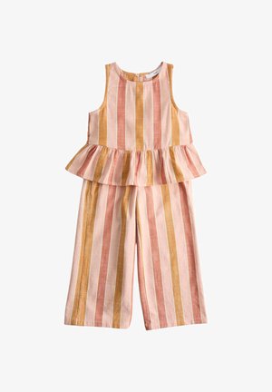 Haut sans manches à rayures verticales roses, moutarde et beige avec taille peplum, associé à un pantalon large assorti.