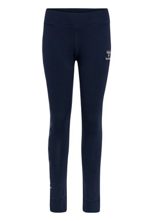 Marinefarbene Leggings mit glatter Textur, taillierter Passform und elastischem Bund. Mit Logo-Druck und vertikalen Streifenakzenten an den Seiten.