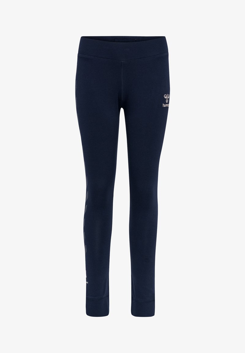 Navy leggings met een soepele textuur, aansluitend ontwerp en een elastische tailleband. Kenmerkt logo-opdruk en verticale gestreepte accenten aan de zijkanten.