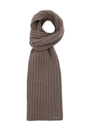 Brązowy, prążkowany szalik wykonany z miękkiego materiału; ma długi, wąski krój z metką wszytą na jednym końcu. Gładka faktura, uniwersalne noszenie.