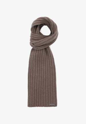 Brązowy, prążkowany szalik wykonany z miękkiego materiału; ma długi, wąski krój z metką wszytą na jednym końcu. Gładka faktura, uniwersalne noszenie.