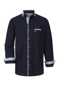 Marineblaues Hemd mit Knöpfen und gemustertem Kragen und Manschetten, ausgestattet mit einer Brusttasche, kontrastierenden Knöpfen und verstellbaren Manschetten.