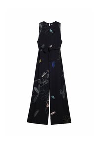 Navy jumpsuit with sleeveless design, floral pattern in colorful thread, cinched waist with a matching tie, wide legs, smooth fabric texture.