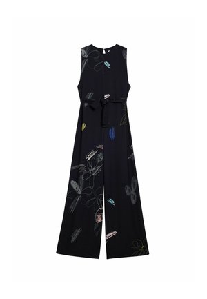 Navy jumpsuit with sleeveless design, floral pattern in colorful thread, cinched waist with a matching tie, wide legs, smooth fabric texture.