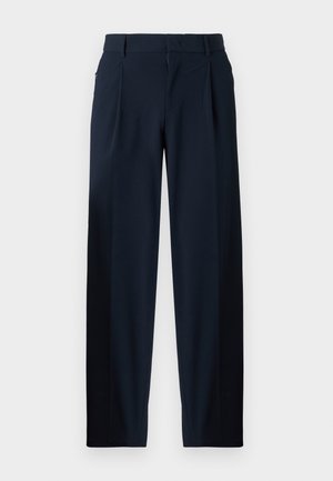 Navy blue trousers with a smooth texture, wide-leg design, front pleats, belt loops, and a zip closure. Suitable for formal or casual wear.