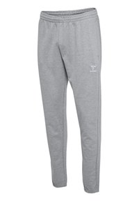 Graue Baumwoll-Sweatpants mit elastischem Bund und weißem Logo. Besitzt ein tapered Design und seitliche Taschen. Weiche Textur.