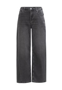 Szerokie czarne dżinsy z wysokim stanem, frontowymi kieszeniami i zapięciem na guziki. Gładka faktura z subtelnym cieniowaniem.