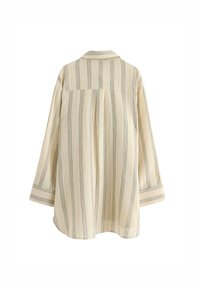 Stribet lys beige skjorte med krave, lange ærmer og rygfrit detalje. Har tynde grå striber og en løs pasform.