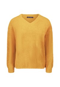 Żółty sweter z dekoltem w serek wykonany z miękkiego, pluszowego materiału, z długimi rękawami i delikatną, fakturowaną powierzchnią. Prosty design bez wyraźnych wzorów i zdobień.