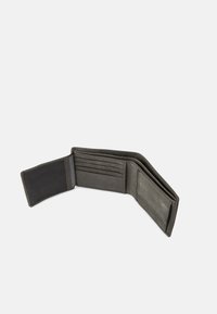 Black leather wallet with multiple card slots, a transparent ID pocket, and a textured finish. Opened view shows inner compartments.
