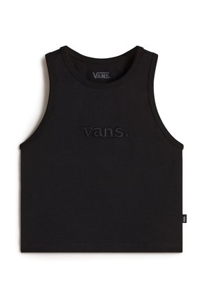 Black sleeveless top made of soft cotton. Features an embroidered "vans." logo on the front and a straight hem with reinforced stitching.