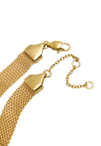 Bransoletka ze złoconego metalu z łańcuchowymi oczkami, zawierająca dwie siateczkowe sekcje oraz zapięcie na karabińczyk, z przedłużeniem łańcucha umożliwiającym regulację.