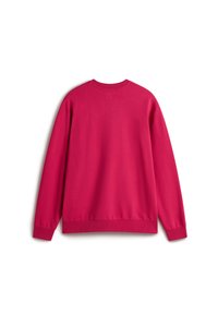Sweatshirt long à manches longues fuchsia uni avec des poignets côtelés, un ourlet côtelé et un col rond vu de dos sur un fond blanc.