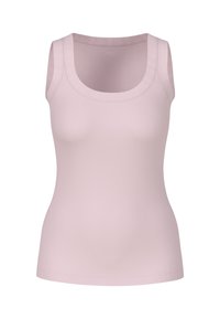 Ärmelloses, geripptes Tanktop in zartem Rosa mit Rundhalsausschnitt und figurbetontem Saum, auf einem weißen Hintergrund präsentiert.