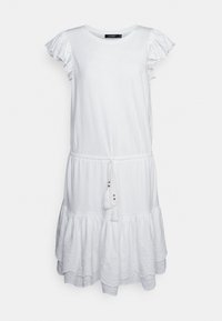 White cotton dress with short ruffled sleeves, drawstring waist, and tiered hem featuring subtle lace detailing at the bottom.