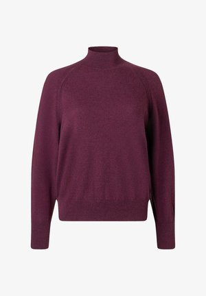 Burgundy turtleneck sweater made from soft fabric, featuring raglan sleeves, a fitted neck, and a slightly loose body with side slits.