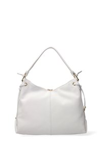 Witte leren handtas met een gestructureerd oppervlak, een gebogen vorm en een enkele schouderriem. Voorzien van hardware in gouden kleur en een ritsluiting.